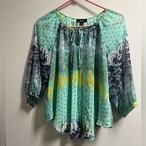 BCX Blue and Green Polka Dot Paisley Semi-Sheer Front Tie Blouse Size Small